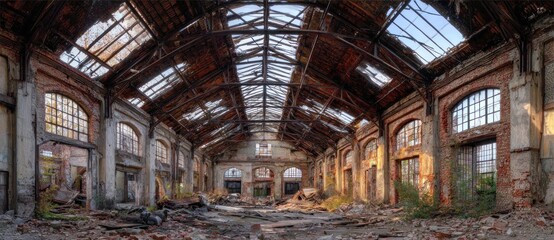 Dilapidated interior of large warehouse with gaping roof, brick arches and rubble-strewn floor