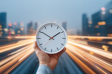 Hand holds clock against blurred cityscape and streaks of light, symbolizing time and speed