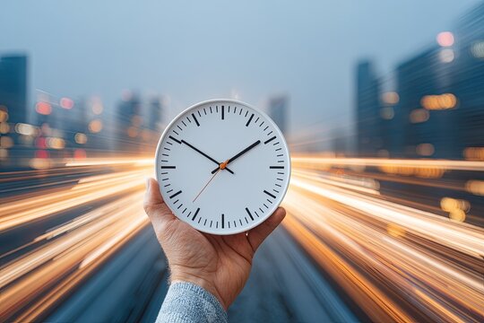 Hand holds clock against blurred cityscape and streaks of light, symbolizing time and speed