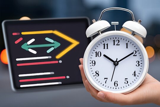 Hand holding white alarm clock near digital display showing data transfer