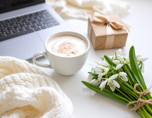 Cozy morning scene with coffee, flowers, and gift