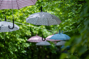 Patterned Umbrellas Hanging on Strings in Green Park