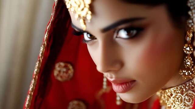 Close-up of an Indian bride wearing ornate gold jewelry, red attire, and bold eye makeup.