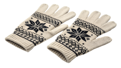 Cream knitted gloves with dark blue snowflake pattern isolated on a transparent background
