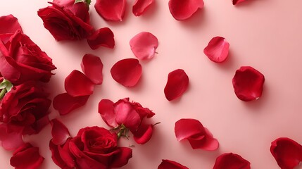 Scattered Red Rose Petals and Blooms on a Pale Pink Background