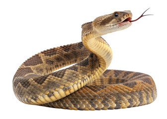Fototapeta premium Rattlesnake coiled up isolated on transparent background with tongue sticking out