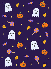 Festive Halloween pattern with pumpkins, ghosts, colorful candy, and autumn leaves scattered across a rich dark purple background for spooky charm.