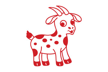 Cute red cartoon goat with spotted body stands on a white background