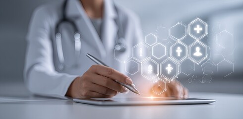 Doctor using tablet with medical interface