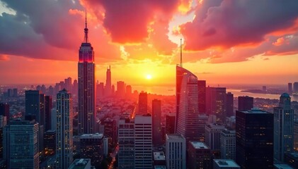 Obraz premium Golden hour sunlight bathes a cityscape in warm hues as the sun rises over skyscrapers and buildings, painting the sky with vibrant orange and pink colors , towers, city