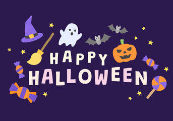 Fototapeta premium Happy Halloween background card featuring cute ghost, witch hat, flying broom, bat, pumpkin, and candies scattered on a deep dark purple backdrop for a festive spooky vibe.