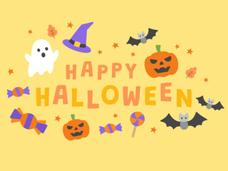 Happy Halloween party banner background featuring cute ghosts, pumpkins, bats, witch hats, and scattered candies on a bright yellow backdrop for a cheerful spooky celebration.