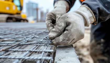 A construction worker in dirty gloves tying steel rebar together for a concrete foundation.