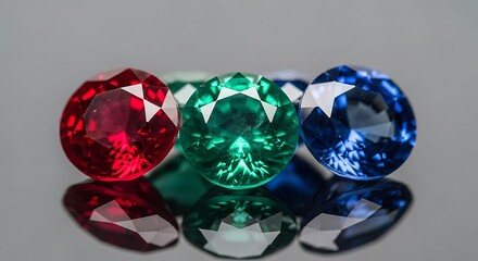 Fototapeta premium Gorgeous Polished Gemstone Set Close-Up Ruby Emerald Sapphire