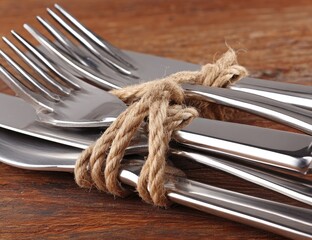 Stacked silverware tied with twine on a wooden table