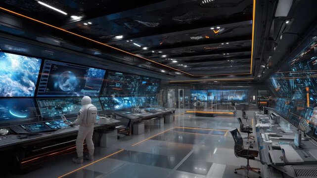 Wide‑angle view of a high‑tech space control room with a futuristic astronaut, holographic displays floating, AI robotic arms assisting, ultra‑modern workstation, blue and orange neon hues, space