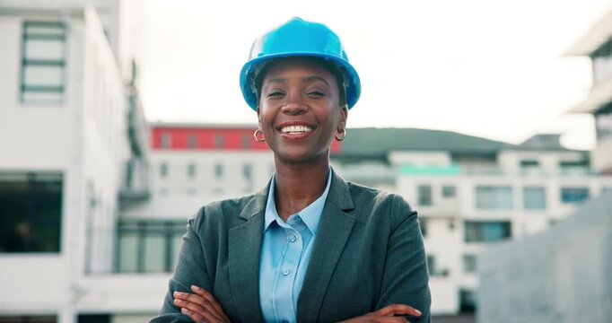 Face, construction site and black woman in city, arms crossed and architecture with career ambition. African person, outdoor and engineering with helmet, property development and building project