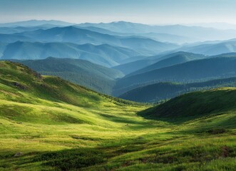 Naklejka premium Verdant meadow slopes toward layered blue mountain ranges fading into a hazy sky, highlighting nature's grandeur in a serene vista