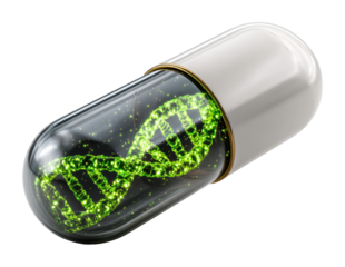 Innovative green dna capsule laboratory product concept science isolated on transparent background