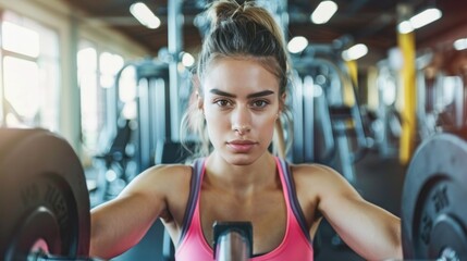 Fototapeta premium A woman in a gym, lifting weights with a focused expression.