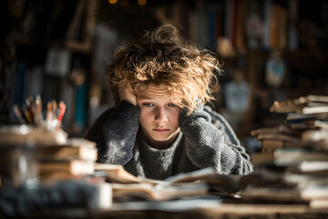 Obraz premium Exhausted child struggling with schoolwork at school