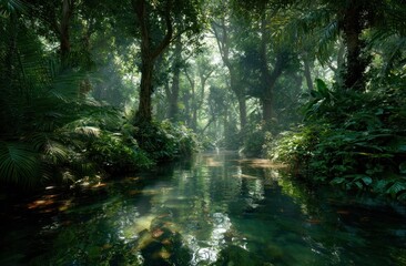 Naklejka premium Lush jungle scene with vibrant greenery, a tranquil river reflecting the sky, and filtered sunlight dappling the landscape
