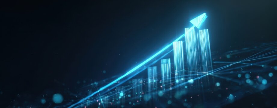 The Arrow of Digital Growth Composed of Glowing Data Bars and Light Trails