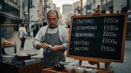 Culinary Vocation: An elderly chef, with practiced hands, readies ingredients in front of his food stand, an authentic expression of culinary arts