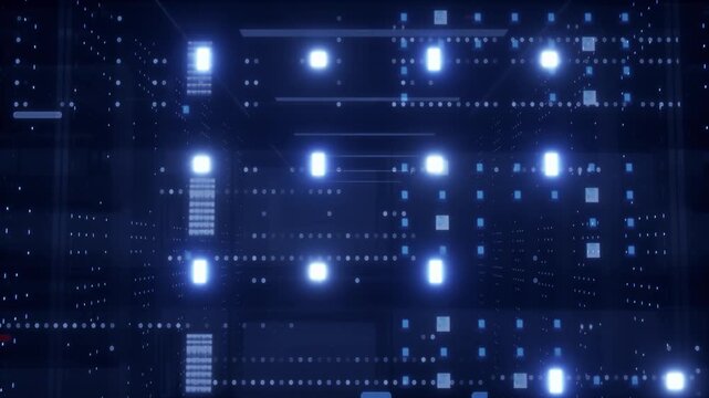 Internet traffic on the server. Digitalization of artificial intelligence and the Int,Modern Data lechnology Center, server racks are ocated in larde storaae, Animation visualization of data fow and