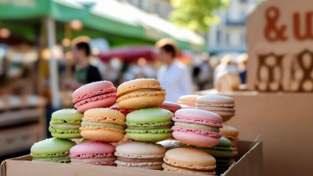 Colorful pastel macarons stacked on a market stall at an outdoor market.