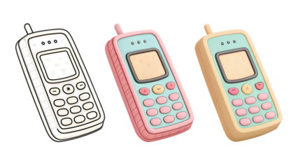 Retro mobile phones pastel colors isolated on a transparent background technology
