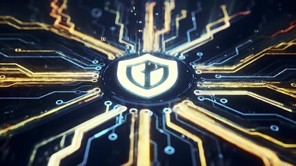 Futuristic concept of digital cybersecurity with a glowing shield emblem at the core of an advanced computer processor circuit - Powered by Adobe