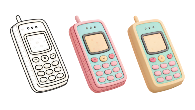 Retro mobile phones pastel colors isolated on a transparent background technology