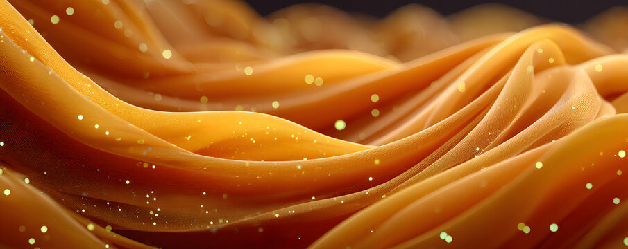 Abstract orange, yellow flowing fabric texture with ubtle glowing particles, sft light. This elegant matrial forms graceful curves waves, suggesting luxurios, dynamic background for esign.