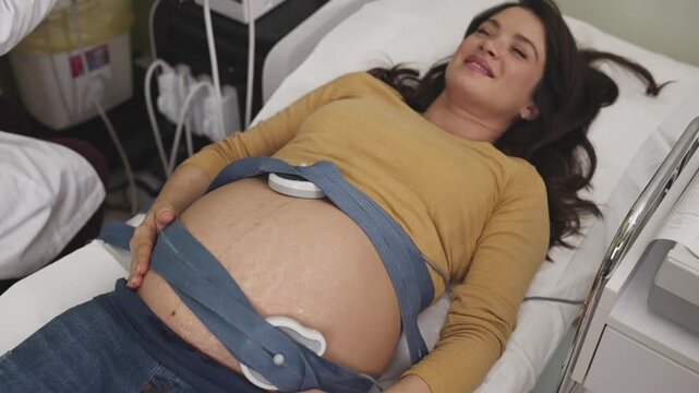 Beautiful young pregnant woman at electrocardiograph check up for baby health and expected date of birth. Fetal heart monitoring. Healthcare and medical service concept.