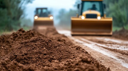 Construction vehicles work on a dirt road, clearing and leveling the terrain amid a misty landscape.