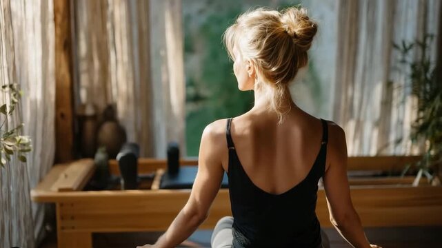 Back-view of a woman stretching on a Pilates reformer, sunlight softly filtering through sheer curtains, earthy wood tones, meditative atmosphere, soft focus and depth