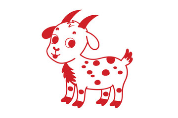 Friendly white goat with red spots stands cheerfully isolated on a clean background