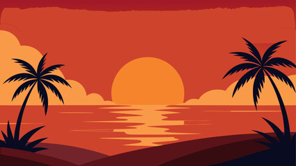 Sunset scene with palms and ocean view