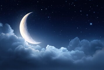 Fototapeta premium A bright crescent moon hangs low amidst fluffy white clouds against a dark blue, starry night sky. Ethereal glow and atmospheric perspective