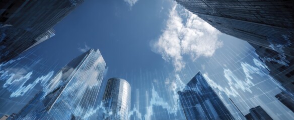 The skyscrapers with digital financial graph overlay reaching into a bright blue sky