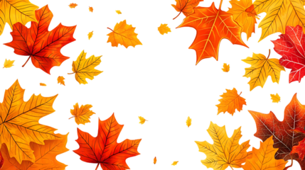 Vibrant Autumn Leaves Falling in Colorful Pattern with Maple Leaf Shapes and Textures isolated on a transparent background