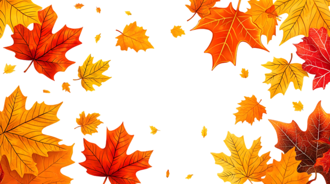 Vibrant Autumn Leaves Falling in Colorful Pattern with Maple Leaf Shapes and Textures isolated on a transparent background