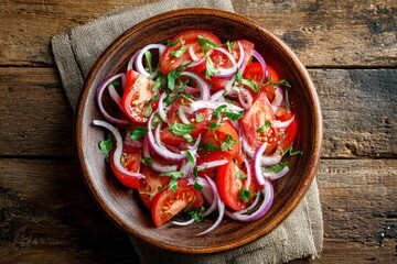 Tomato salad with sliced red onions  herbs in a brown bowl on a burlap cloth