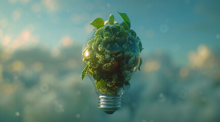 light bulb,plants inside of the light bulb on green background, green energy concept, sustainable environment technology background for eco friendly power industry
