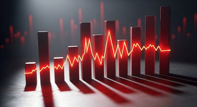 Red bar graph with a glowing line showing financial data and market trends in a dark environment - Powered by Adobe