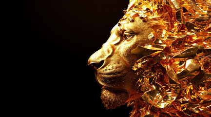 golden lion head on blue sky,lion on background,portrait of a lion,Majestic lion,known as the King of kings,embodies strength and grace,This majestic lion portrays the spirit of royalty with ample ,