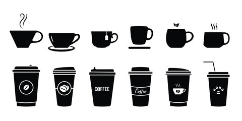 Fototapeta premium Cup line icon set. Disposable coffee cup. beverage, tea, coffee cup icon/symbol. Coffee paper cup, plastic container for hot and cold drink, juice, tea. Vector illustration. 