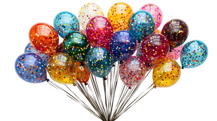 Vibrant bouquet of multicolored balloons floating freely in the air creating a cheerful isolated on a transparent background