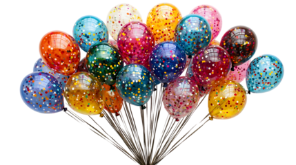 Vibrant bouquet of multicolored balloons floating freely in the air creating a cheerful isolated on a transparent background